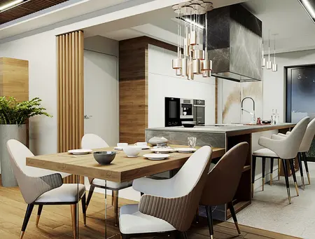 Nowoczesna kuchnia z drewnianym stołem i eleganckimi krzesłami, styl quiet luxury.