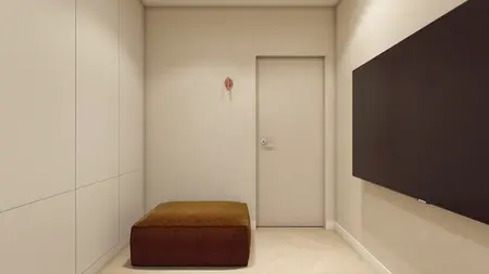 Garderoba w stylu japandi z brązową pufą i minimalistycznym wykończeniem