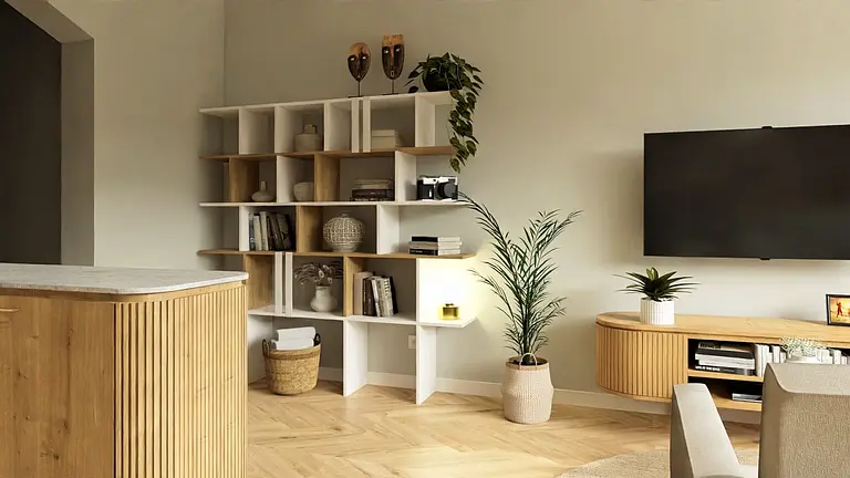 Wnętrze salonu w stylu boho, japandi, minimalistycznym z roślinami