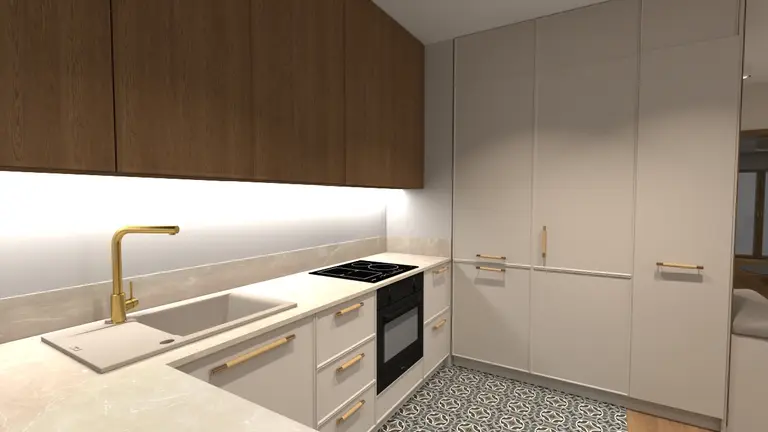 Wnętrze kuchni z drewnianymi meblami i nowoczesnym designem