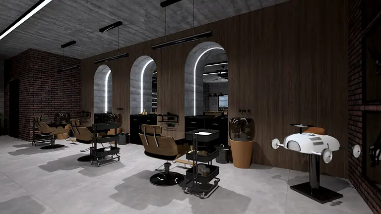 Nowoczesny salon fryzjerski z drewnianymi elementami i oświetleniem LED.