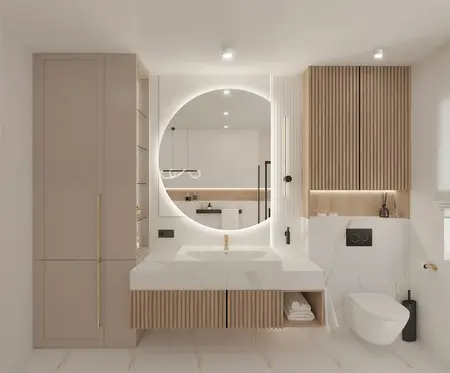 Nowoczesna łazienka z elementami minimaluxe i quiet luxury, z drewnianymi akcentami.