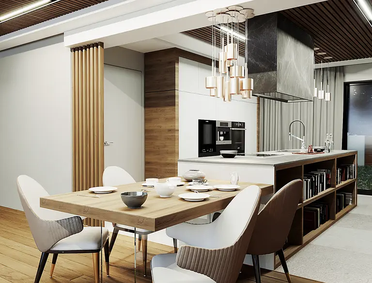 Wnętrze nowoczesnej kuchni z elementami quiet luxury, drewnianym stołem i nowoczesnym oświetleniem.