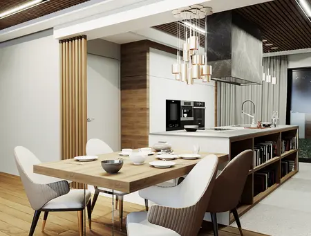 Wnętrze nowoczesnej kuchni z elementami quiet luxury, drewnianym stołem i nowoczesnym oświetleniem.