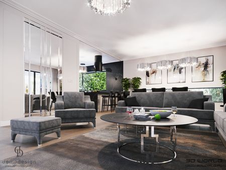 Wnętrze salonu z szarymi meblami, glamour oświetleniem i nowoczesnymi akcentami.