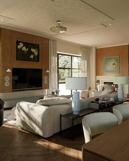 Wnętrze salonu w stylu art deco, eklektycznym, quiet luxury z jasnymi meblami.
