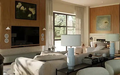 Wnętrze salonu w stylu art deco, eklektycznym, quiet luxury z jasnymi meblami.