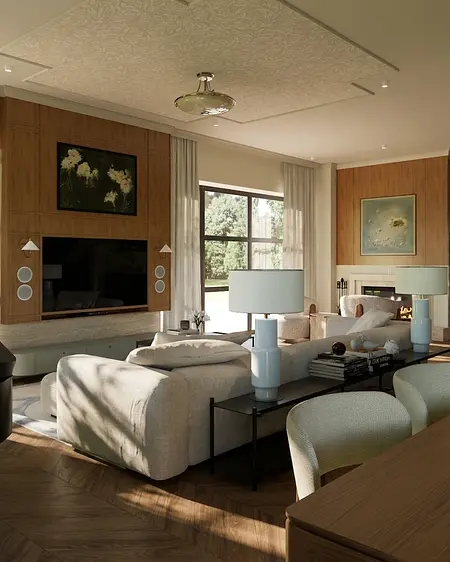 Wnętrze salonu w stylu art deco, eklektycznym, quiet luxury z jasnymi meblami.