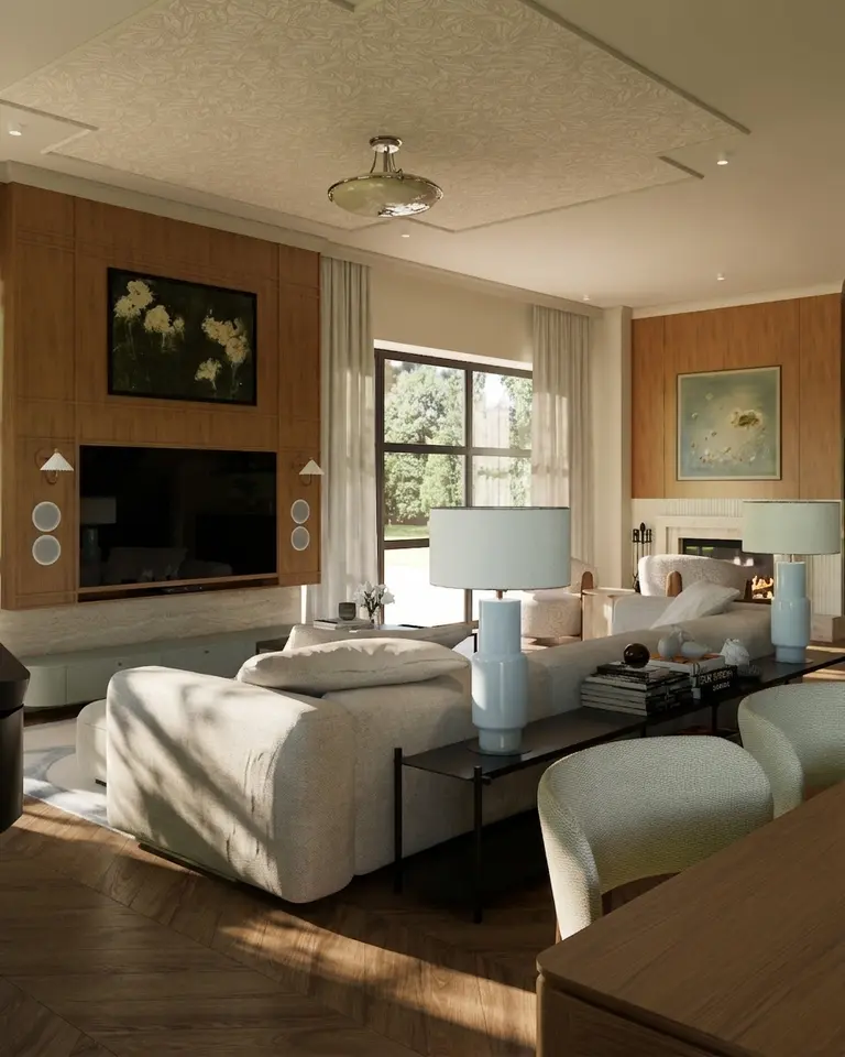 Wnętrze salonu w stylu art deco, eklektycznym, quiet luxury z jasnymi meblami.