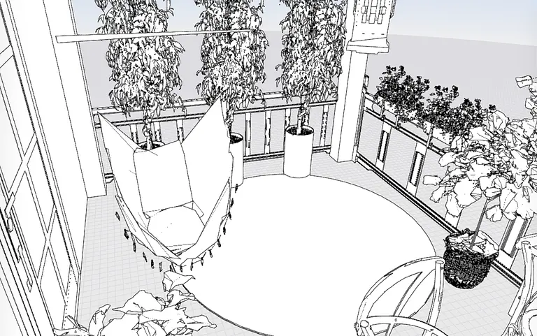 Balkon w stylu rustykalnym z huśtawką i zielonymi roślinami.