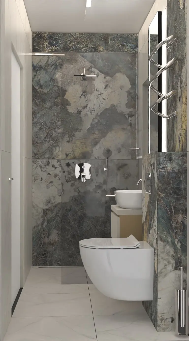 Nowoczesna łazienka w stylu dopamine decor i minimalistycznym z szarymi płytkami.