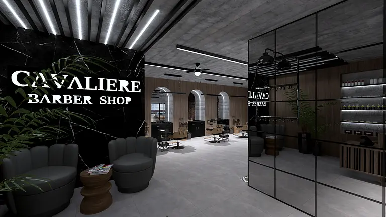 Wnętrze barbershopu z nowoczesnymi fotelami i czarnym tłem.