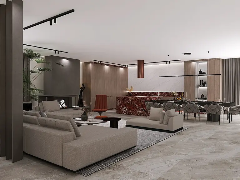 Salon z beżowymi sofami, marmurowym blatem i elementami glamour.