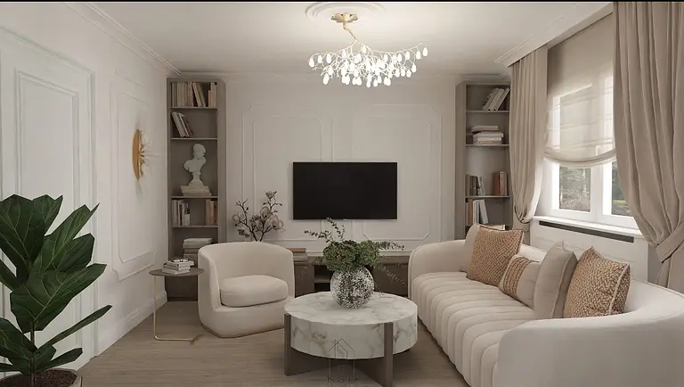 Wnętrze salonu w stylu art deco z beżową sofą i roślinnością.