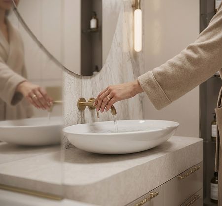 Nowoczesna łazienka z umywalką, złotymi detalami, w stylu minimaluxe i soft minimalizm.