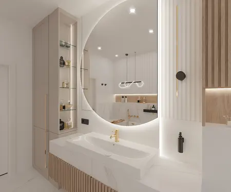 Stylowa łazienka z dużym lustrem i drewnianymi detalami, minimaluxe, quiet luxury.