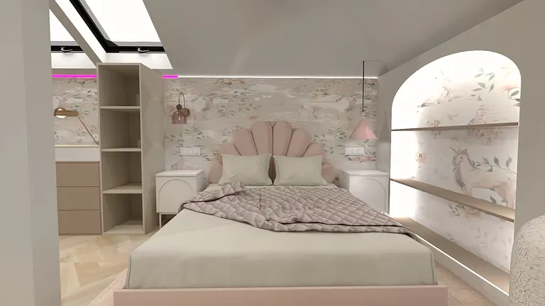 Wnętrze sypialni z różowymi ścianami i drewnianymi meblami. Styl glamour i nowoczesny.