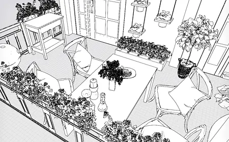 Balkon w stylu rustykalnym z roślinami i drewnianym stołem