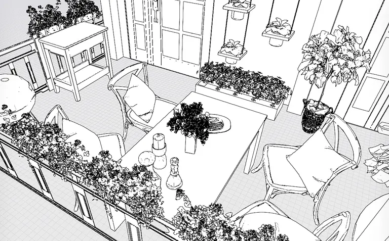 Balkon w stylu rustykalnym z roślinami i drewnianym stołem