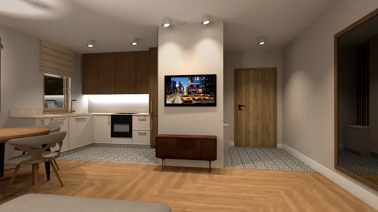 Wnętrze kuchni z brązowymi meblami i białym blatem, współczesny design, nowoczesne oświetlenie.
