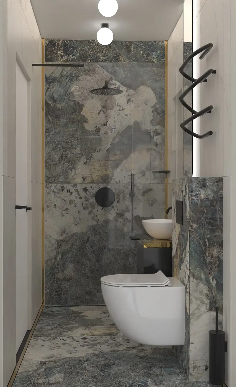 Wnętrze łazienki z kamiennymi ścianami i białą umywalką, styl dopamine decor i minimalistyczny.