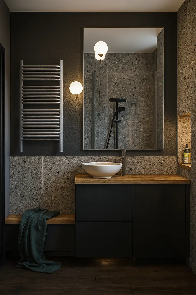 Nowoczesna łazienka z minimalistycznym designem, industrialne elementy, soft minimalizm