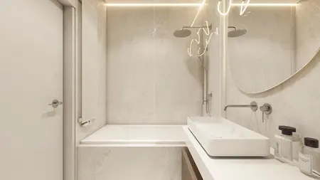 Nowoczesna łazienka w stylu japandi z minimalistycznymi detalami.