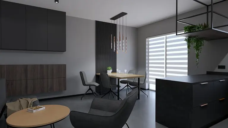 Wnętrze jadalni w stylu industrialnym, minimalistycznym, nowoczesnym z drewnianym stołem.