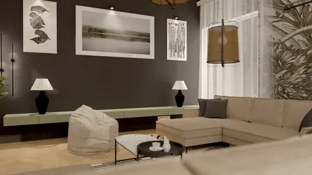 Wnętrze salonu w stylu nowoczesnym z beżową sofą, czarnymi lampami i dekoracjami.