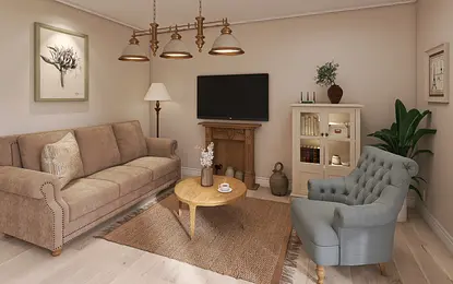 Wnętrze salonu vintage z beżową sofą, drewnianym stołem i roślinami
