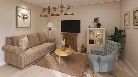 Wnętrze salonu vintage z beżową sofą, drewnianym stołem i roślinami