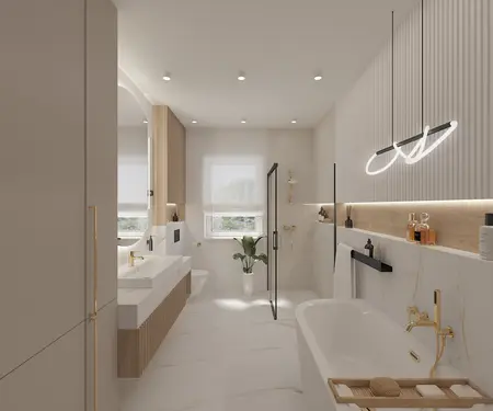 Nowoczesna łazienka z drewnianymi detalami, minimaluxe i quiet luxury.