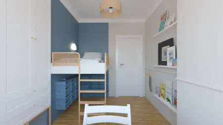 Pokój dziecięcy w stylu boho, minimalistycznym i skandynawskim z łóżkiem i regałem.