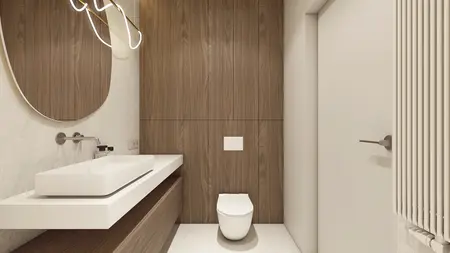 Wnętrze łazienki z drewnianymi panelami i minimalistycznym designem w stylu japandi.