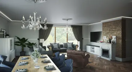 Wnętrze salonu w stylu tradycyjnym z brązowym kominkiem i szarymi ścianami.
