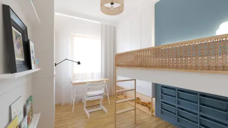 Pokój dziecięcy w stylu boho i minimalistycznym z biurkiem, łóżkiem oraz drewnianymi akcentami.