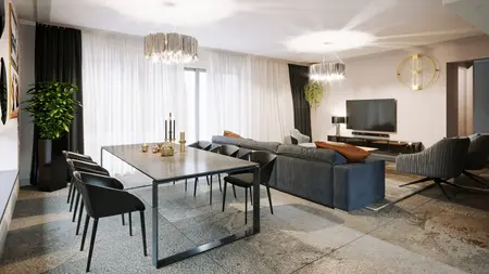 Wnętrze salonu w stylu glamour, nowoczesnym, quiet luxury, współczesnym z szarymi meblami.