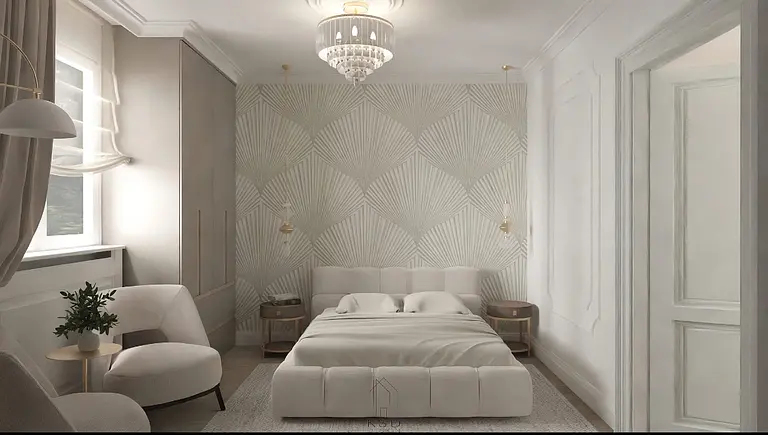 Sypialnia w stylu art deco z jasnymi ścianami i nowoczesnym łóżkiem.