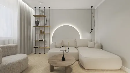 Salon w stylu soft minimalizm z jasną sofą i drewnianym blatem.