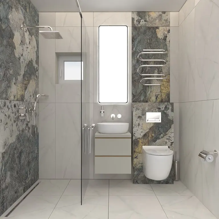 Nowoczesna łazienka z elementami dopamine decor, industrialnym i minimalistycznym.
