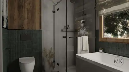 Nowoczesna łazienka w stylu art deco, boho i minimaluxe z drewnem i szarością.