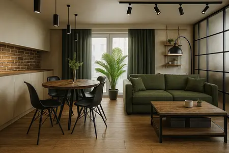 Wnętrze salonu z zieloną sofą, drewnianym stołem i roślinnością. Styl industrialny.
