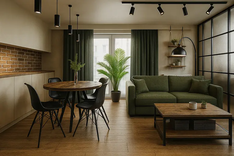 Wnętrze salonu z zieloną sofą, drewnianym stołem i roślinnością. Styl industrialny.