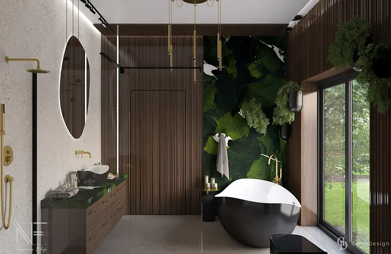 Nowoczesna łazienka w stylu quiet luxury z drewnem i zielonymi dekoracjami.