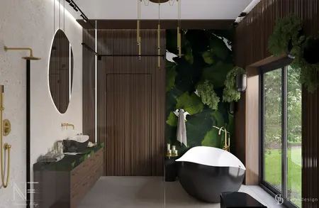 Nowoczesna łazienka w stylu quiet luxury z drewnem i zielonymi dekoracjami.