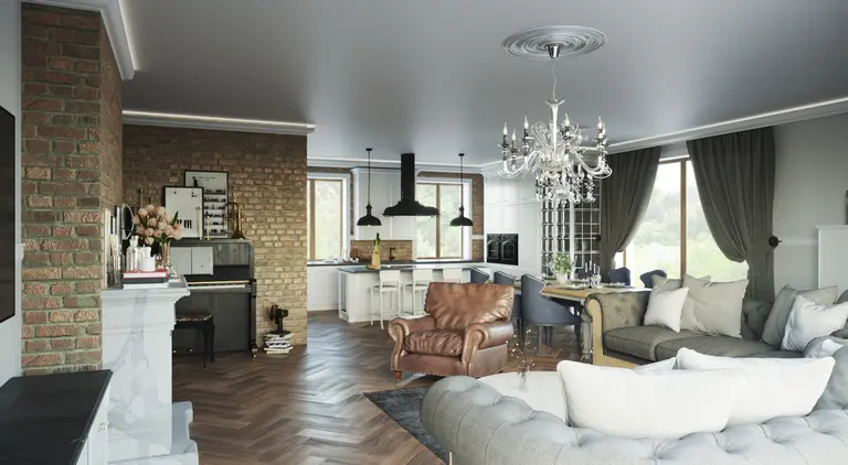 Wnętrze salonu z tradycyjnymi i vintage akcentami, brązowa sofa, białe meble