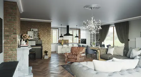 Wnętrze salonu z tradycyjnymi i vintage akcentami, brązowa sofa, białe meble