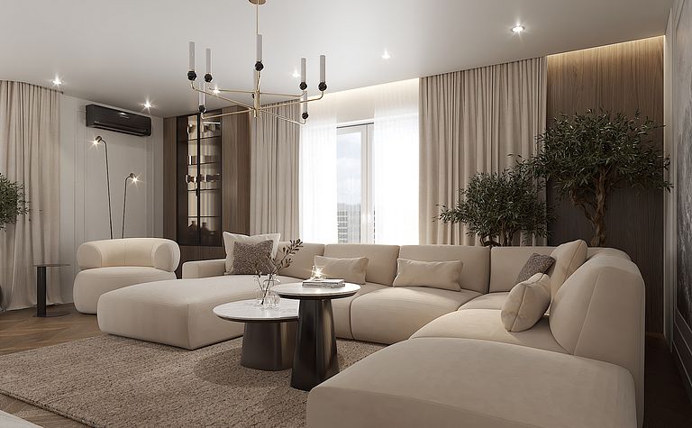 Wnętrze salonu minimalistycznego z jasnymi meblami i drewnianymi detalami