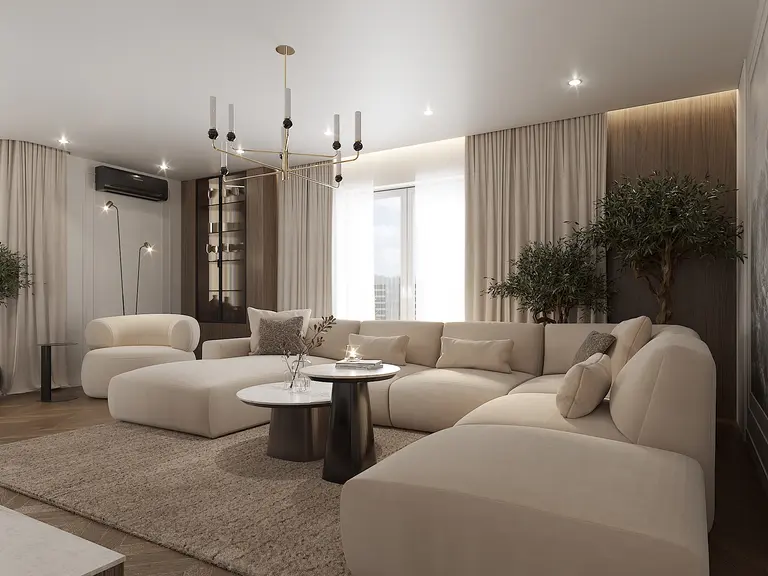 Wnętrze salonu minimalistycznego z jasnymi meblami i drewnianymi detalami