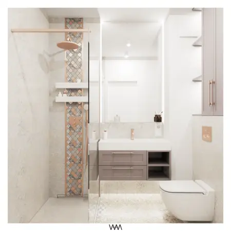 Nowoczesna łazienka w stylu glamour z minimalistycznymi akcentami i eleganckimi detalami.